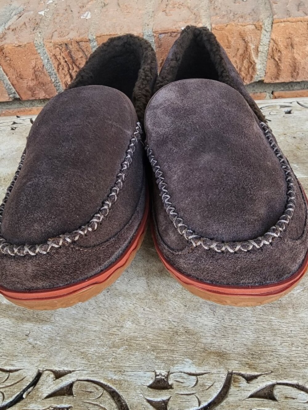 LL Bean Mens Size 11 Slippers Brown Suede Mountain Sherpa Lined